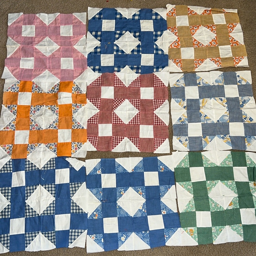 Lot 9 vintage handmade quilt squares blocks 14”